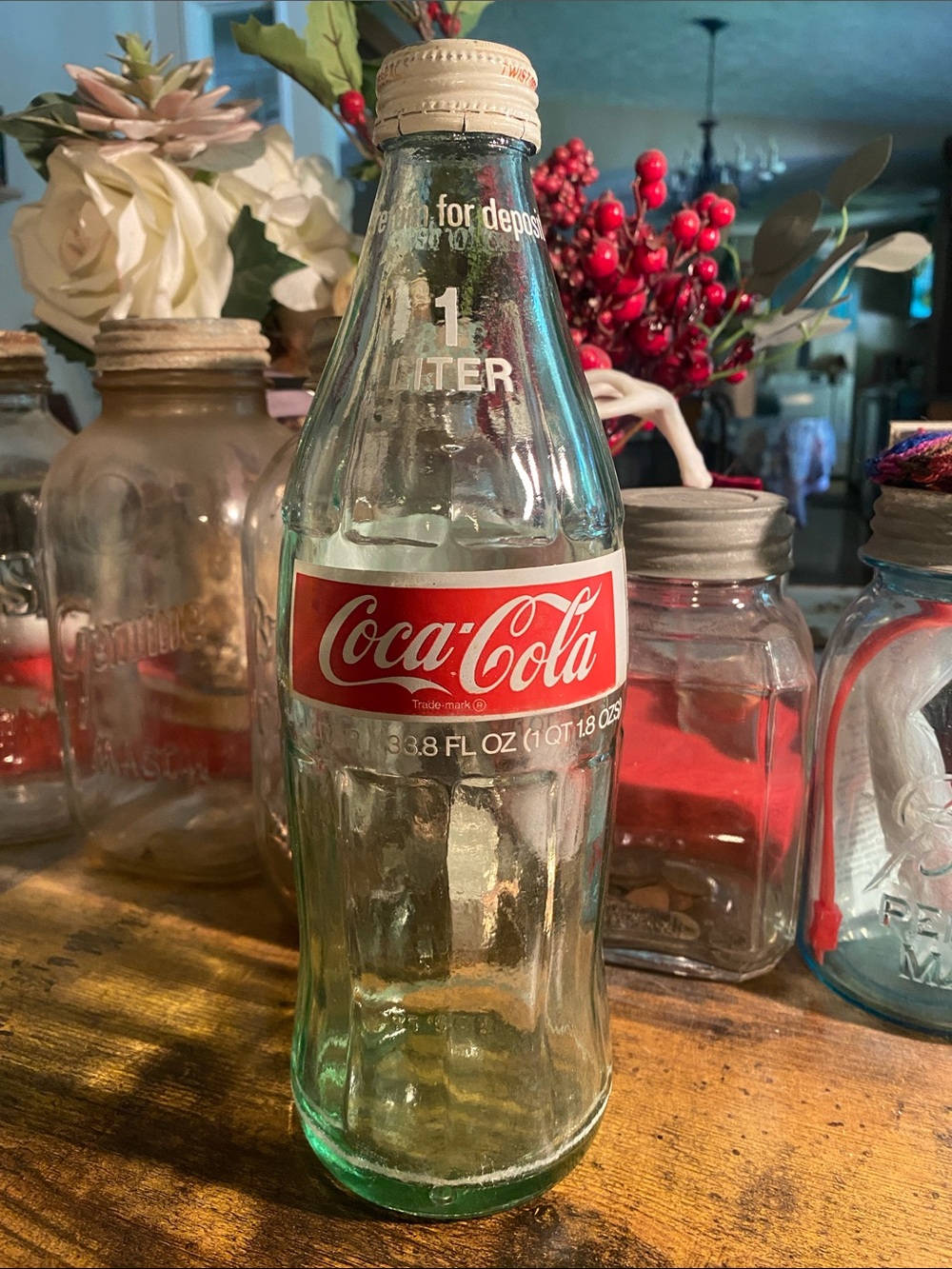 Coca Cola Glass Bottle Light Green Tint return for deposit 1 L 33.8 ounce size
